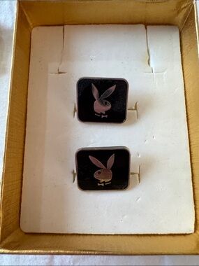 PLAYBOY Black and Silver Bunny Logo Square Cufflinks and Bally tie clip